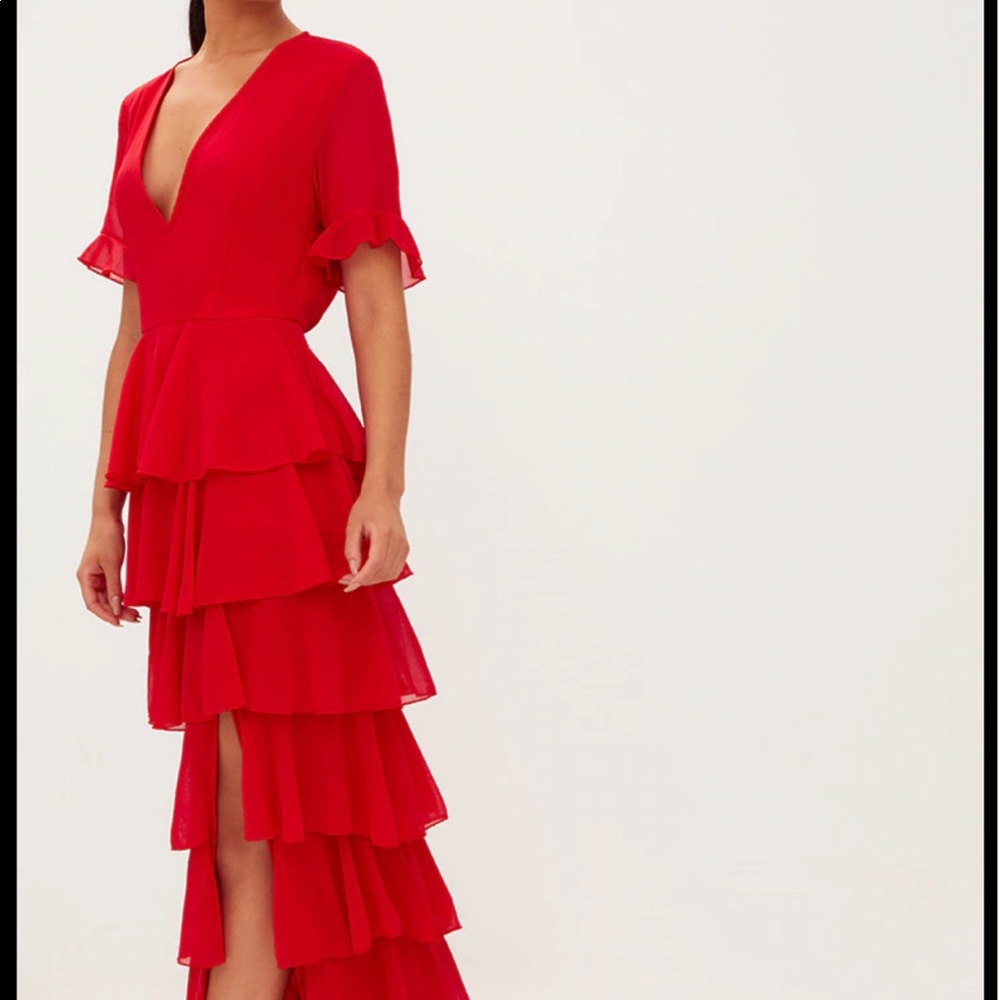 PRETTY LITTLE THING Red Ruffle Chiffon Floor-length Dress